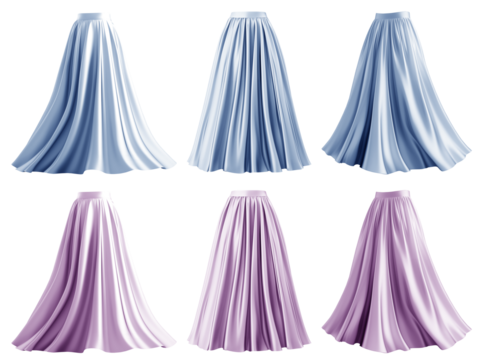 2 Set of pastel light blue purple maxi long pleated flowy flare skirt, front back side twirl view on transparent cutout, PNG. Many different angle. Mockup template for artwork design