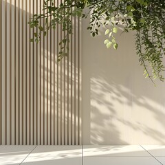A serene interior with vertical wood paneling and hanging greenery casting soft shadows.