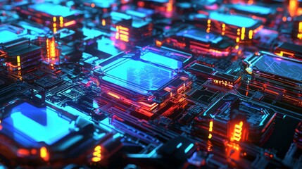 Obraz premium Cybersecurity Fortress - Abstract 3D Render with Glowing Shields and Nodes for Protection against Cyber Threats. Ultra-Detailed Digital Artwork Illustrating Cyber Defense Mechanism.