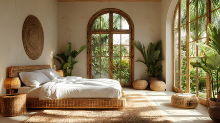 Fototapeta premium The bedroom has rattan furniture and a blank wall for mockups