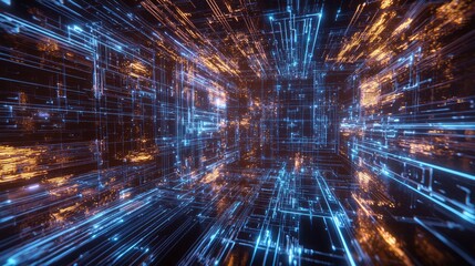 Fototapeta premium Cybersecurity Network: Futuristic 3D Render of Interconnected Digital Nodes and Holographic Elements