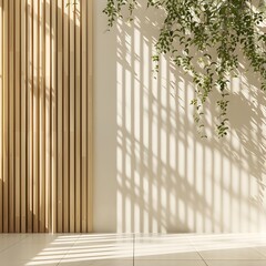 A serene interior space with wooden slats and soft shadows from hanging greenery.