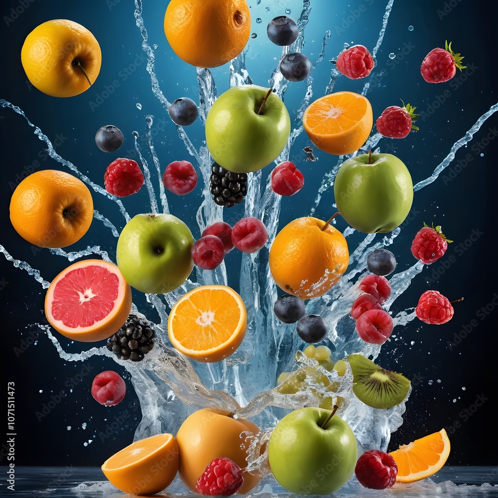 Poster A Dazzling Display of Various Fruits in a Water Explosion Captured in Ultra High Definition for Commercial Use