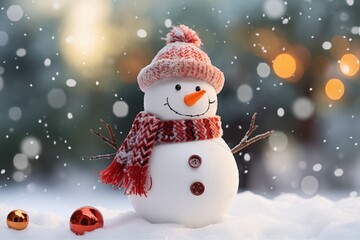 A smiling snowman with a red scarf and hat, standing in a snowy scene with bokeh lights in the background.
