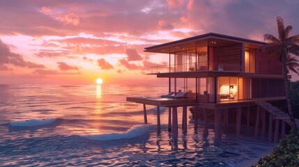 Modern house on stilts overlooking the ocean at sunset.