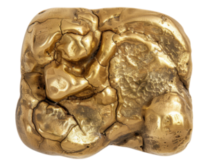 A shiny, irregularly shaped gold nugget with textured surface.