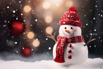 Fototapeta premium A cheerful snowman wearing a red hat and scarf, adorned with buttons, against a snowy, festive background with bokeh lights.