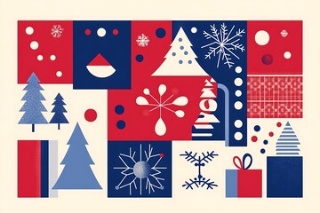 Obraz premium Holiday Seamless Pattern with Christmas symbols. Xmas winter poster collection. Merry Christmas, Happy New Year seamless pattern holly leaves and berries for greeting cards, wrapping papers.