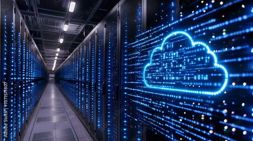 Poster modern data center with cloud computing concept representing digital storage solutions