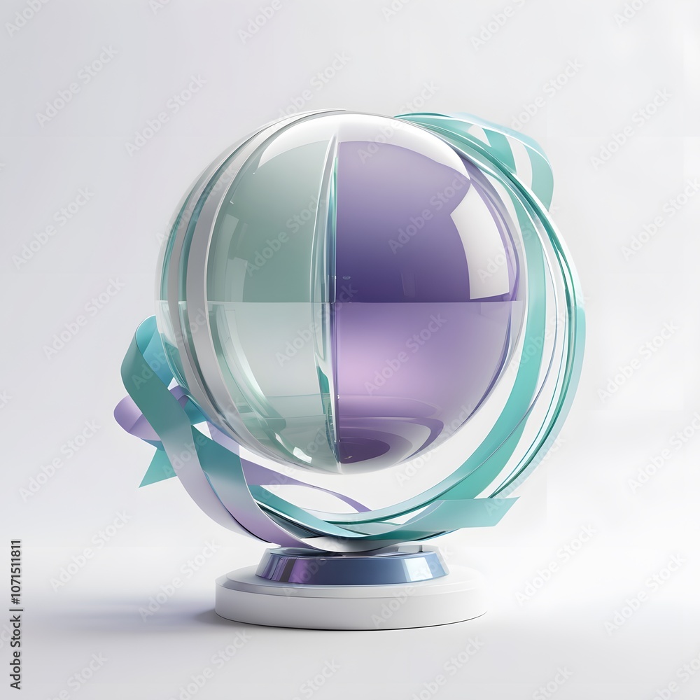 Poster Stunning 3D Render of an Abstract Futuristic Element Featuring a Glass Sphere Surrounded by Flowing Ribbons in Soft Pastel Colors Creating a Dreamy and Modern Aesthetic
