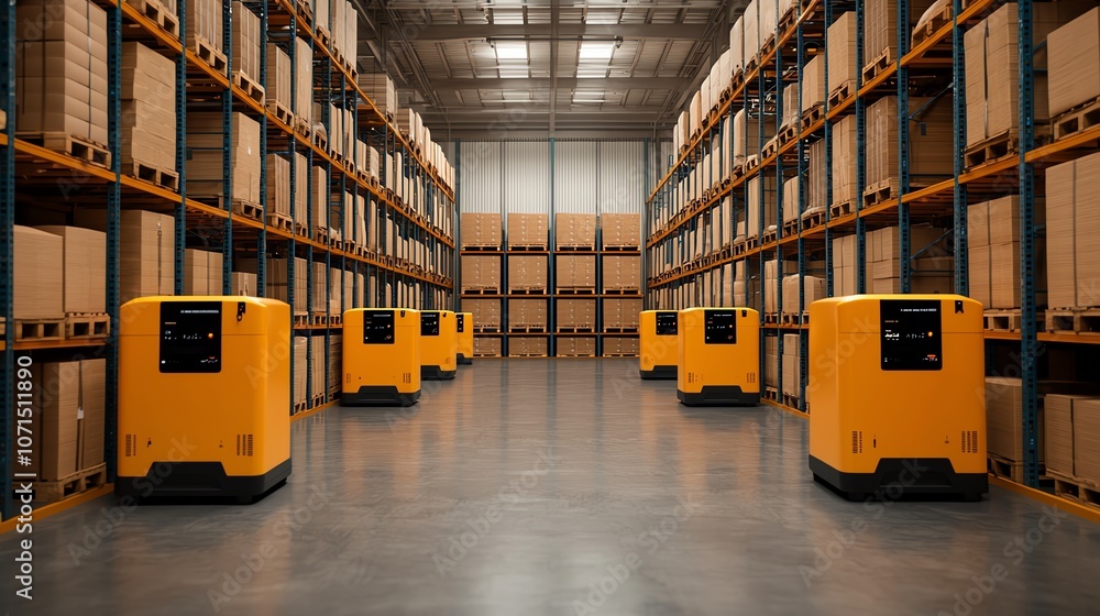 Poster a warehouse with rows of yellow robots moving between shelves of boxes.