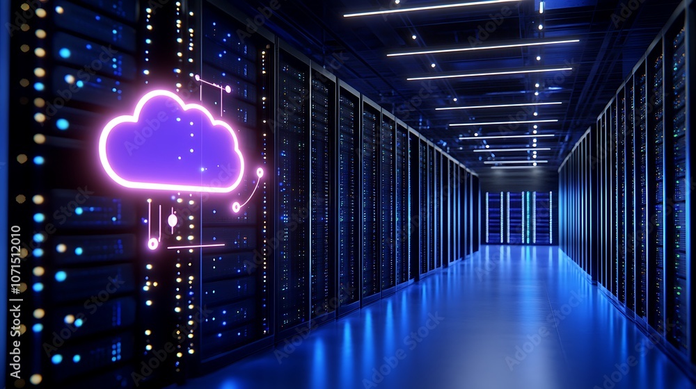 Poster modern data center with cloud computing concept representing digital storage solutions