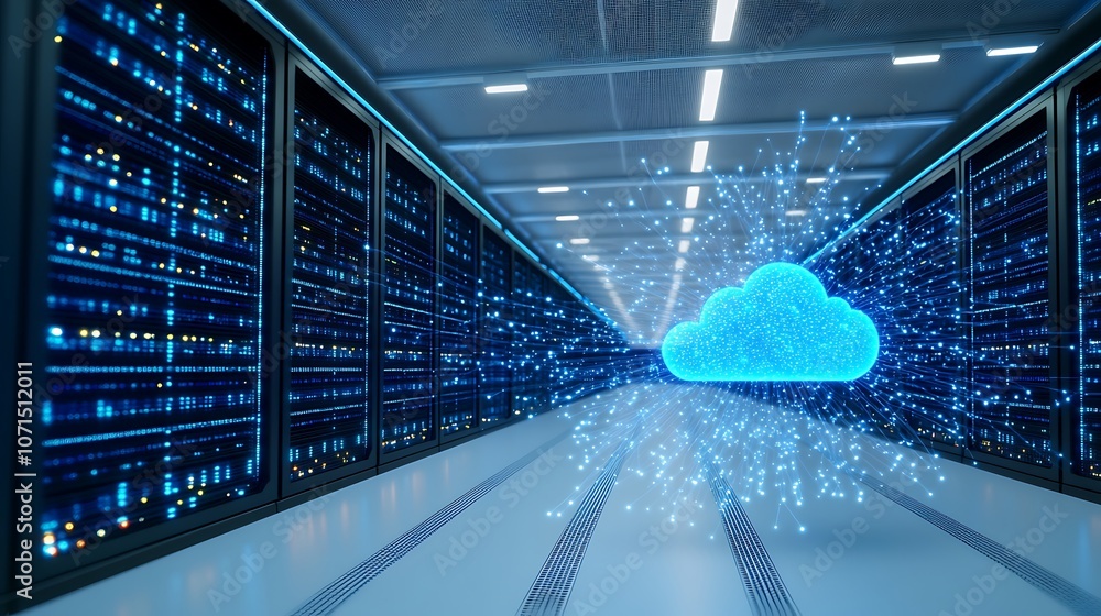 Poster modern data center with cloud computing concept representing digital storage solutions