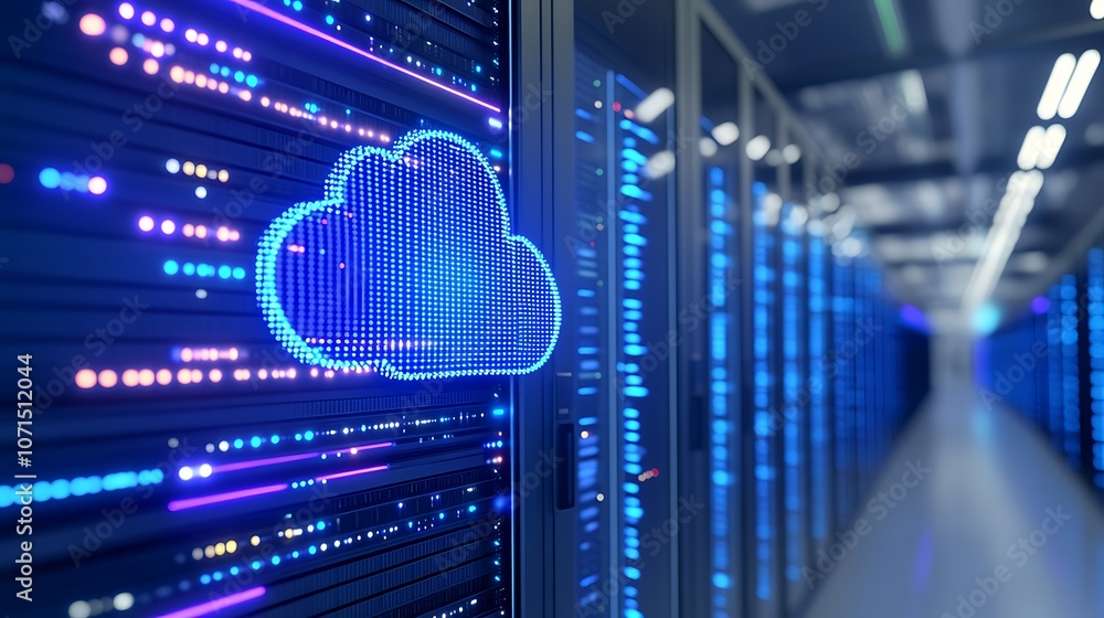 Poster modern data center with cloud computing concept representing digital storage solutions