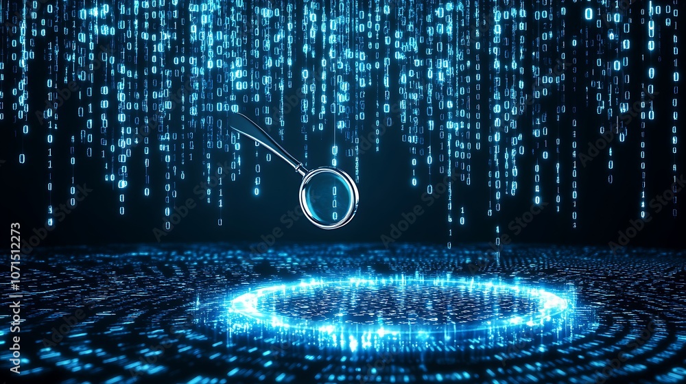 Poster magnifying glass over digital data representing analysis and cybersecurity in a modern world
