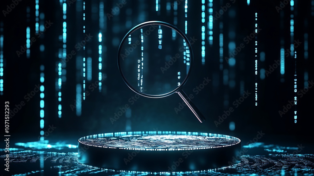 Poster magnifying glass over digital data representing analysis and cybersecurity in a modern world