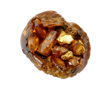 A polished amber stone showcasing various inclusions and natural beauty.