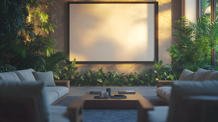 3D Illustration Tropical Living Room Interior Design with Blank Canvas