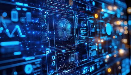 Obraz premium Computer screen with NLP interface handling multiple languages, themed in blue.