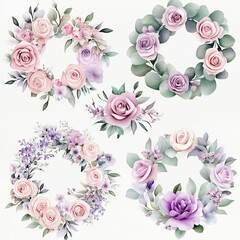 Exquisite watercolor floral wreaths showcasing a harmonious blend of roses, peonies, and eucalyptus leaves in soft, romantic hues of pink, lavender, and mint