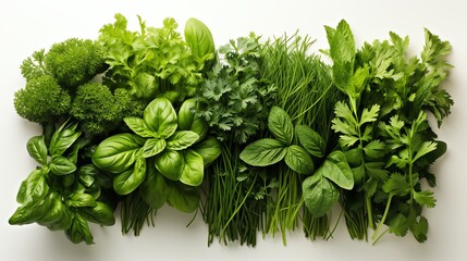 Obraz premium A variety of fresh herbs, including basil, parsley, and chives, arranged on a white background.