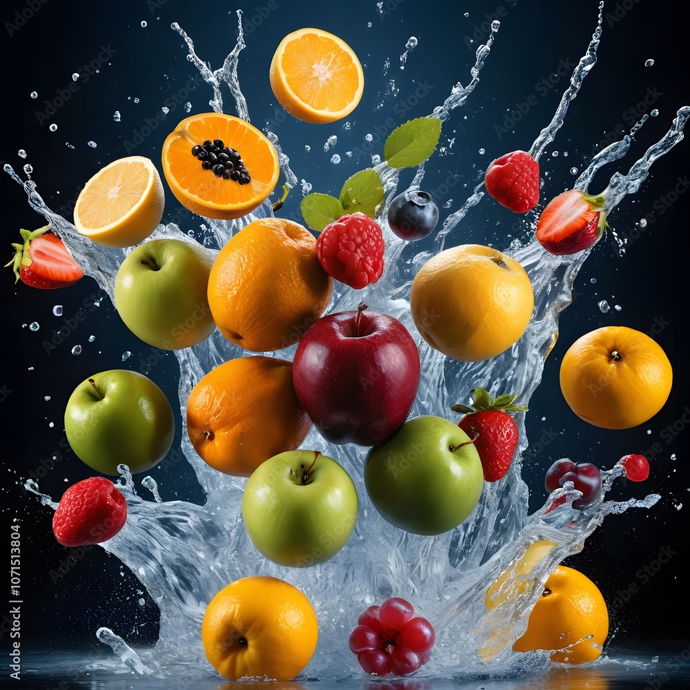 Poster vibrant display of various fruits in a water explosion effect perfect for commercial use