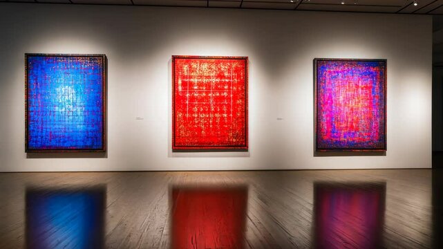 Three abstract paintings are hung on a white wall in a gallery