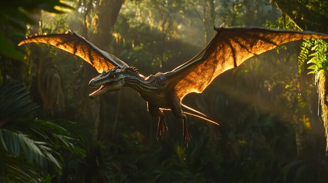 Explore the majestic flight of dimorphodon soaring over the lush jungle canopy in vibrant detail