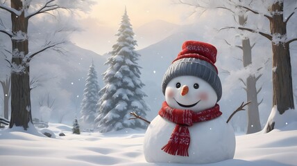 Obraz premium A cheerful snowman stands in a tranquil winter landscape, surrounded by frosty trees and gentle snowfall at dawn. Generative AI