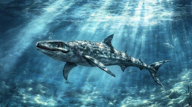 Explore the graceful motion of the ichthyosaurus gliding underwater with its streamlined body in the depths of the ocean