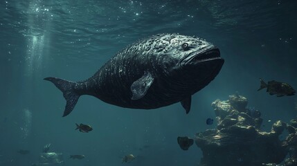 Naklejka premium Explore the majestic leedsichthys as it gracefully swims through tranquil waters in a stunning underwater scene