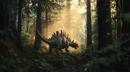 Stegosaurus slowly moves through the dense forest illuminated by sunlight filtering through the trees