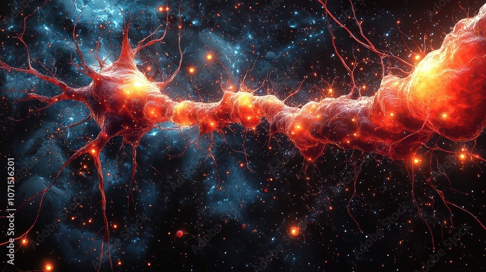 Poster a red and blue galaxy with a long red line in the middle. generative ai