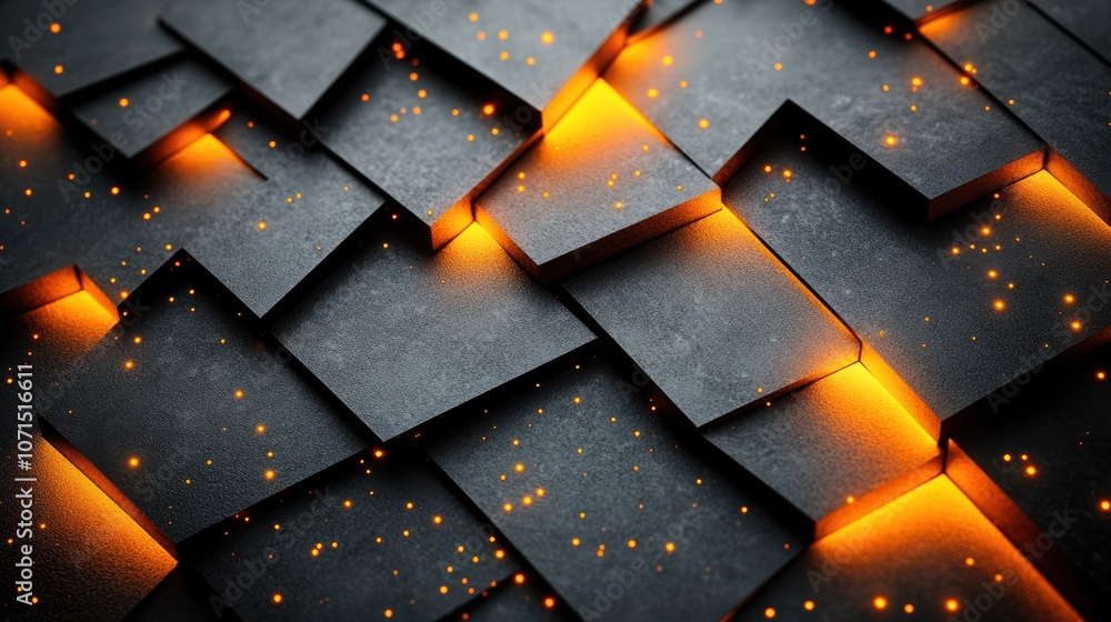 Poster a black and orange patterned background with a lot of light shining on it. generative ai