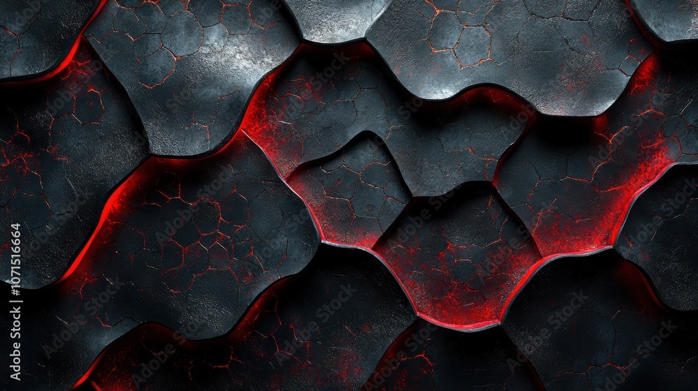 Poster a black and red image of a lava rock with red streaks. generative ai
