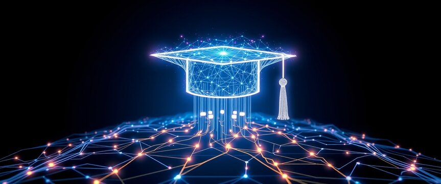 Digital Graduation Cap Symbolizes Online Education and Technological Advancement.