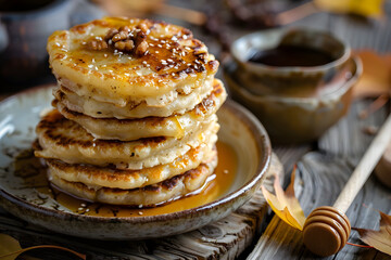 Cozy hotteok pancakes with brown sugar, cinnamon, and nuts filling on plate with dipping sauce