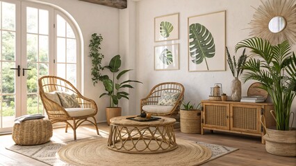 Tropical boho Living Room with rattan, plants, natural textures, airy V3
