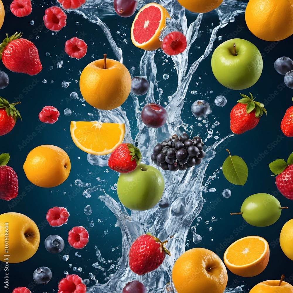 Poster a stunning display of various fruits in a dramatic water explosion, captured in cold tones with high