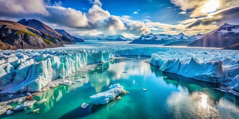 Aerial view of shrinking glaciers and icebergs, a stark testament to climate change in the Atlantic Ocean.