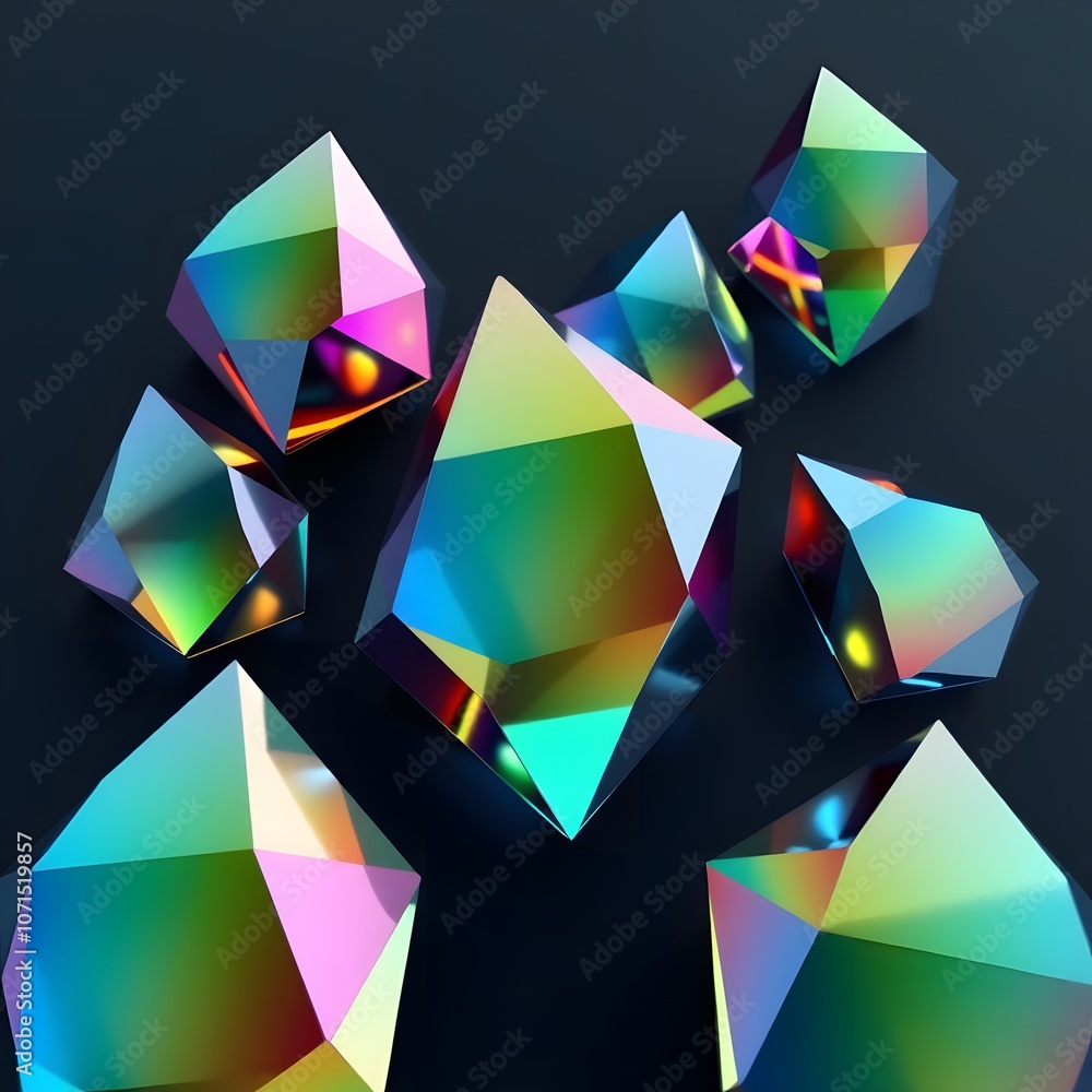 Poster vibrant 3d render of colorful glass prisms with holographic effect on a black background for abstrac