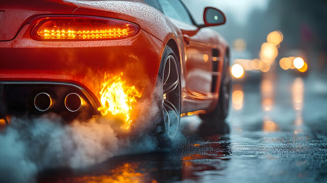 Red Sports Car With Flames Coming From Exhaust