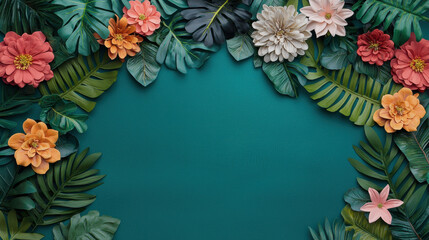 Fototapeta premium A vibrant arrangement of colorful flowers and lush green leaves, framing a teal background, perfect for a fresh and nature-inspired design.