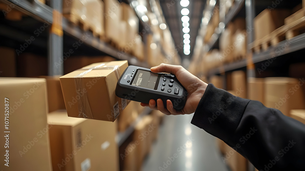 Poster warehouse worker scanning cardboard box with scanner - realistic image