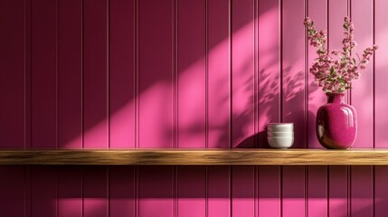 Viva magenta kitchen wall paneling with a wooden shelf.3D illustration
