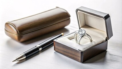 A diamond ring sits in a wooden box with a pen on a white wooden surface.