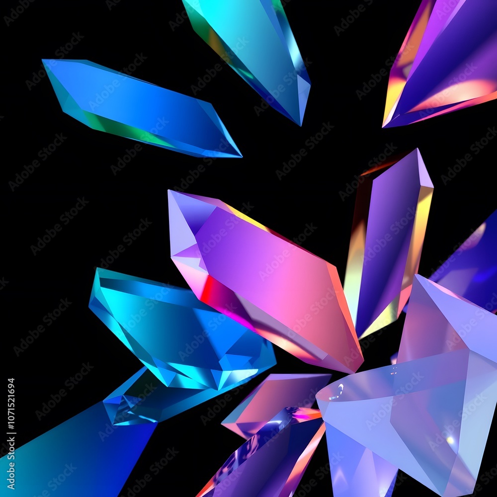Poster colorful 3d render of glass prisms on a black background showcasing geometric abstraction and hologr