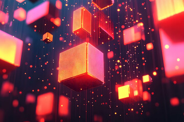 3D Illustration Red Cubes Abstract Background Light Particles