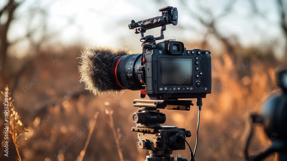 Poster a directional microphone setup on a camera, used for recording clear audio during a video shoot in a
