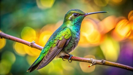Fototapeta premium A vibrantly colored hummingbird with a long beak perches on a thin branch, with a blurred background of soft greens, yellows, and oranges.